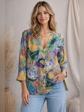 Vintage Stewart Sport 100% Silk Blouse Colorful Abstract Floral Button Front Top